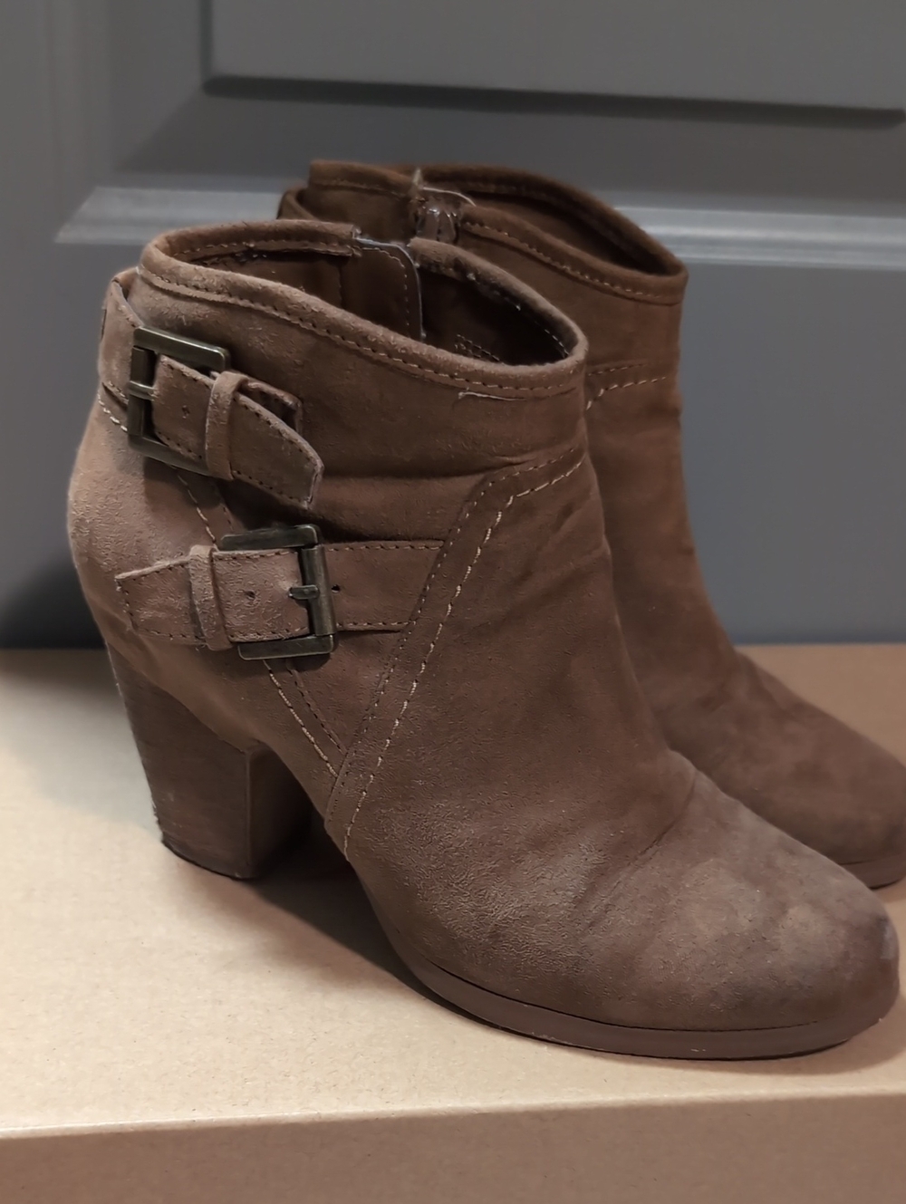 Women’s Brown Suede Ankle Booties with Buckle Detail